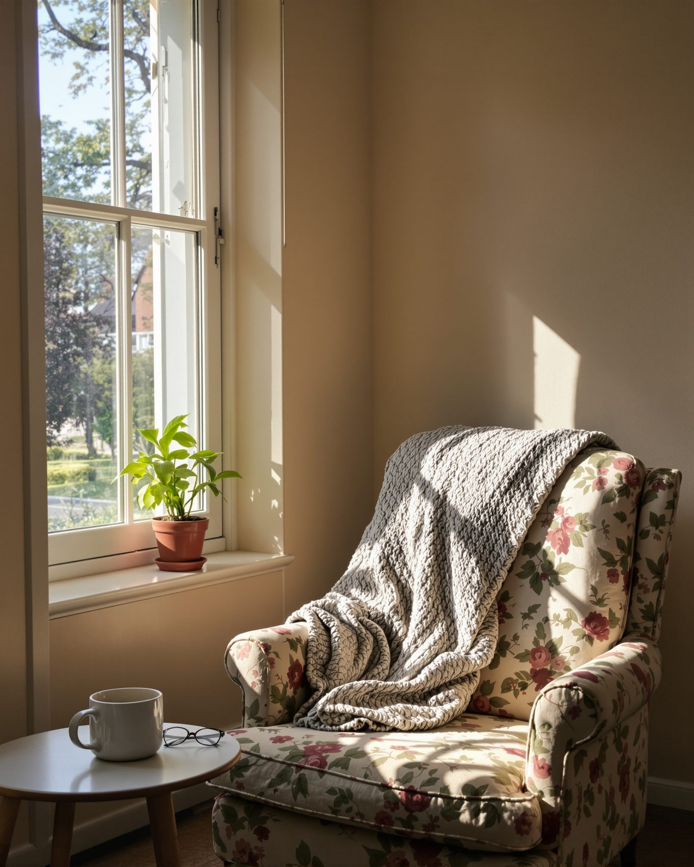 A quiet sun-lit living room with a floral armchair and a knit throw.