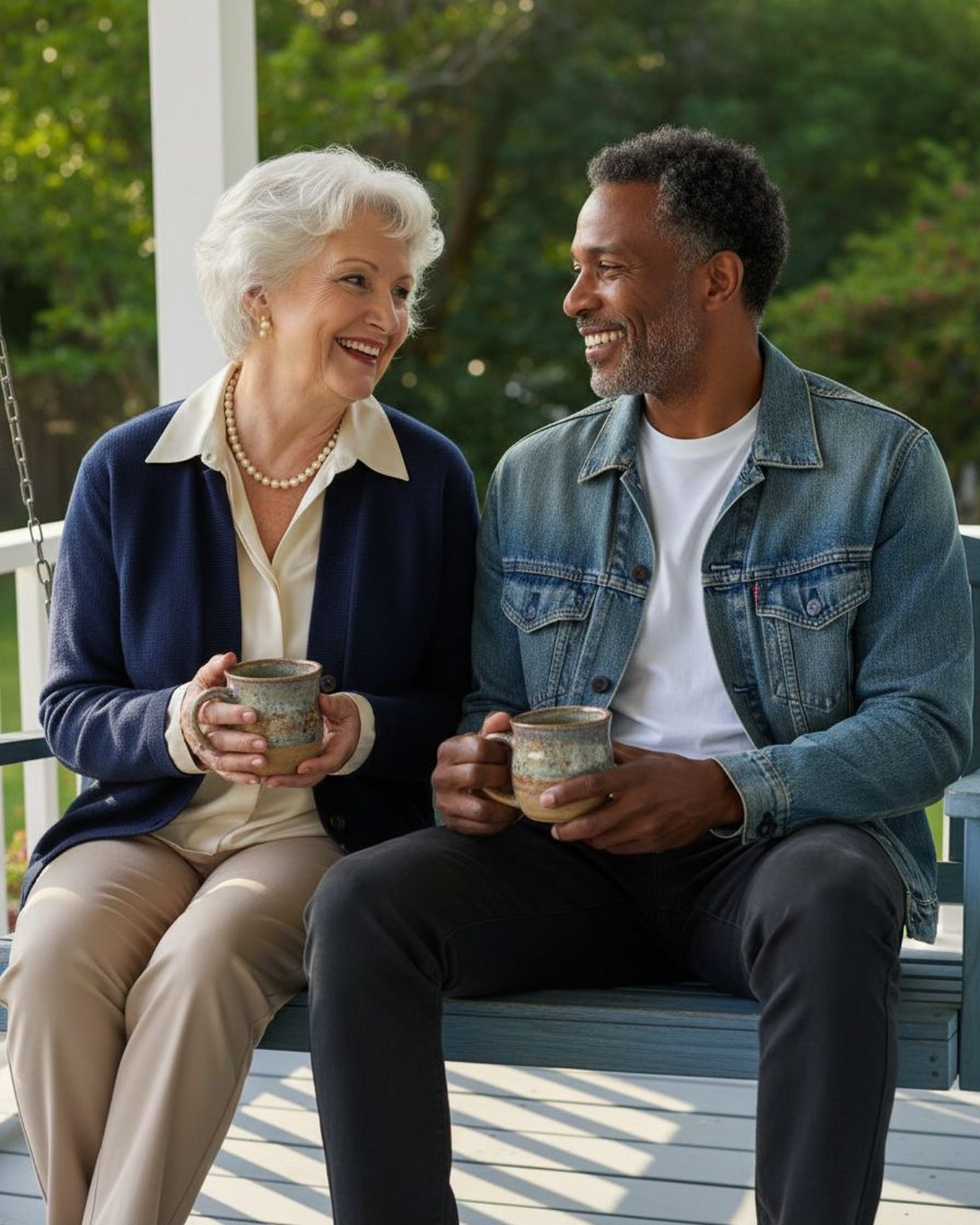 Two neighbors enjoying coffee together on a sunny porch.