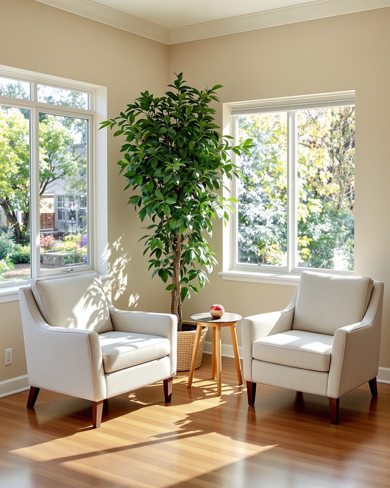 An empty sun-lit common area with two armchairs facing each other.