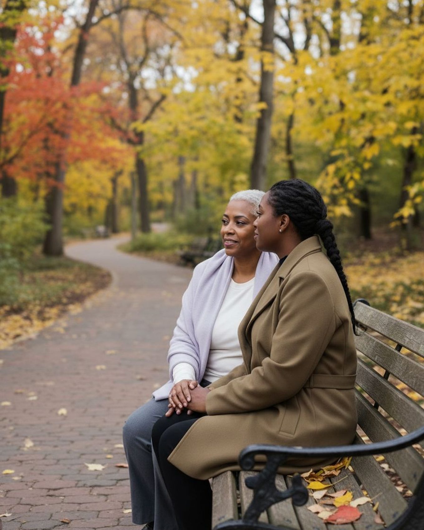 A mother and adult daughter sitting on a park bench together.