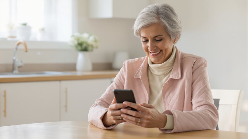 An older woman with silver hair in a soft pink quilted jacket sitting at her kitchen table, smiling as she looks down at the iPhone in her hands.