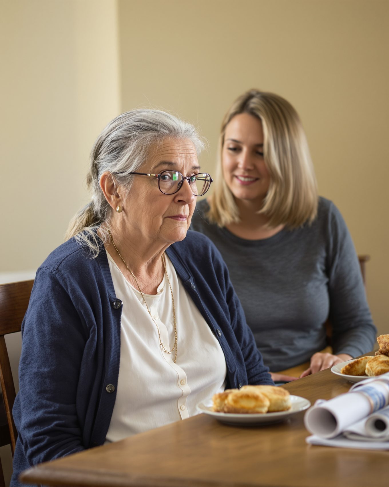 Adult daughter and senior mother discussing phone scams at kitchen table.