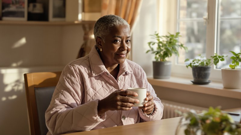 An older Black woman at her kitchen table holding a coffee mug, gaze soft and contemplative in early morning light.