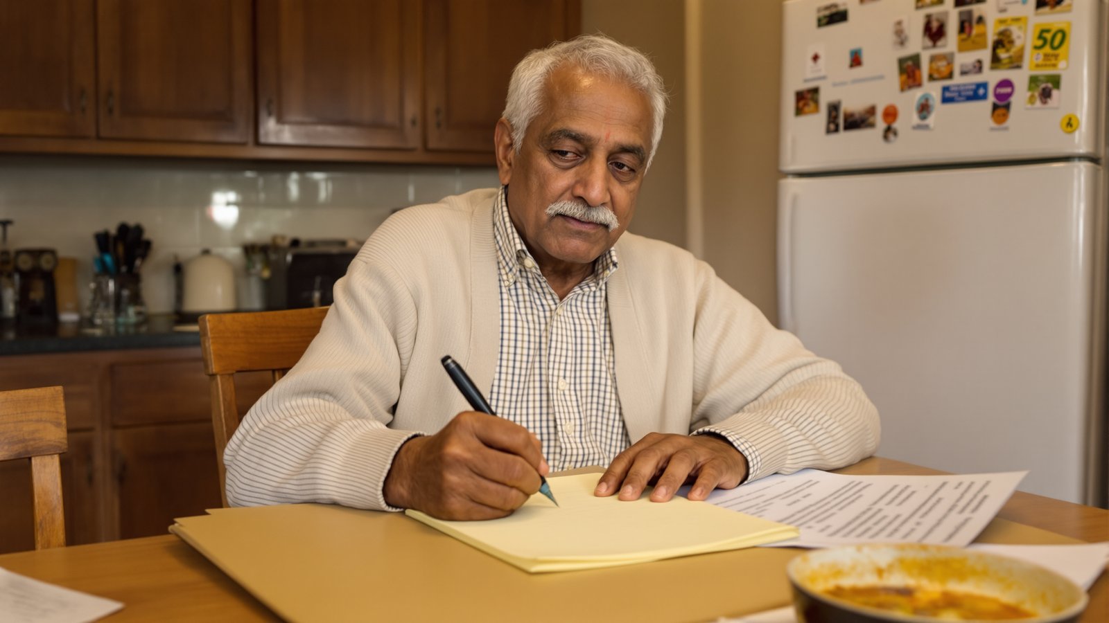 An older South Asian man at his kitchen table writing notes on a yellow legal pad — preparing questions before next week's doctor appointment.
