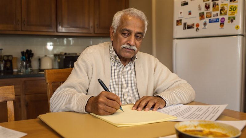 An older South Asian man at his kitchen table writing notes on a yellow legal pad — preparing questions before next week's doctor appointment.