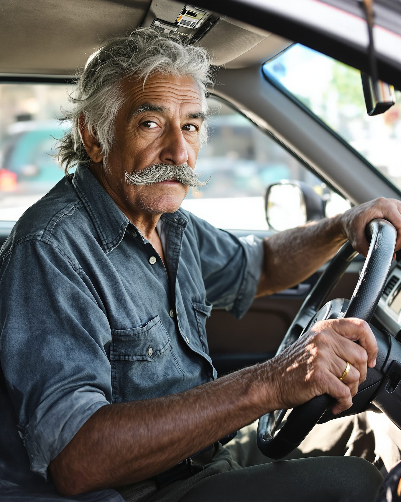 An older man's hand on a leather-wrapped steering wheel.