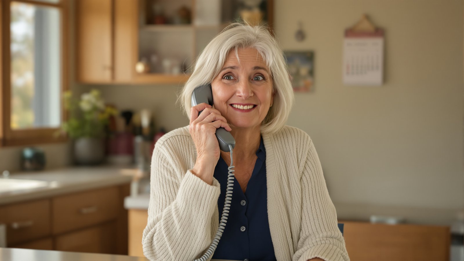 An older woman with silver hair holding a cordless landline phone in her kitchen, with a slightly puzzled, cheerful expression.