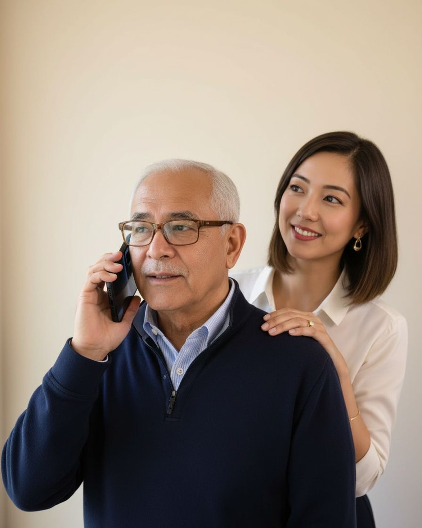 Father calling his bank with his daughter standing supportively behind him.
