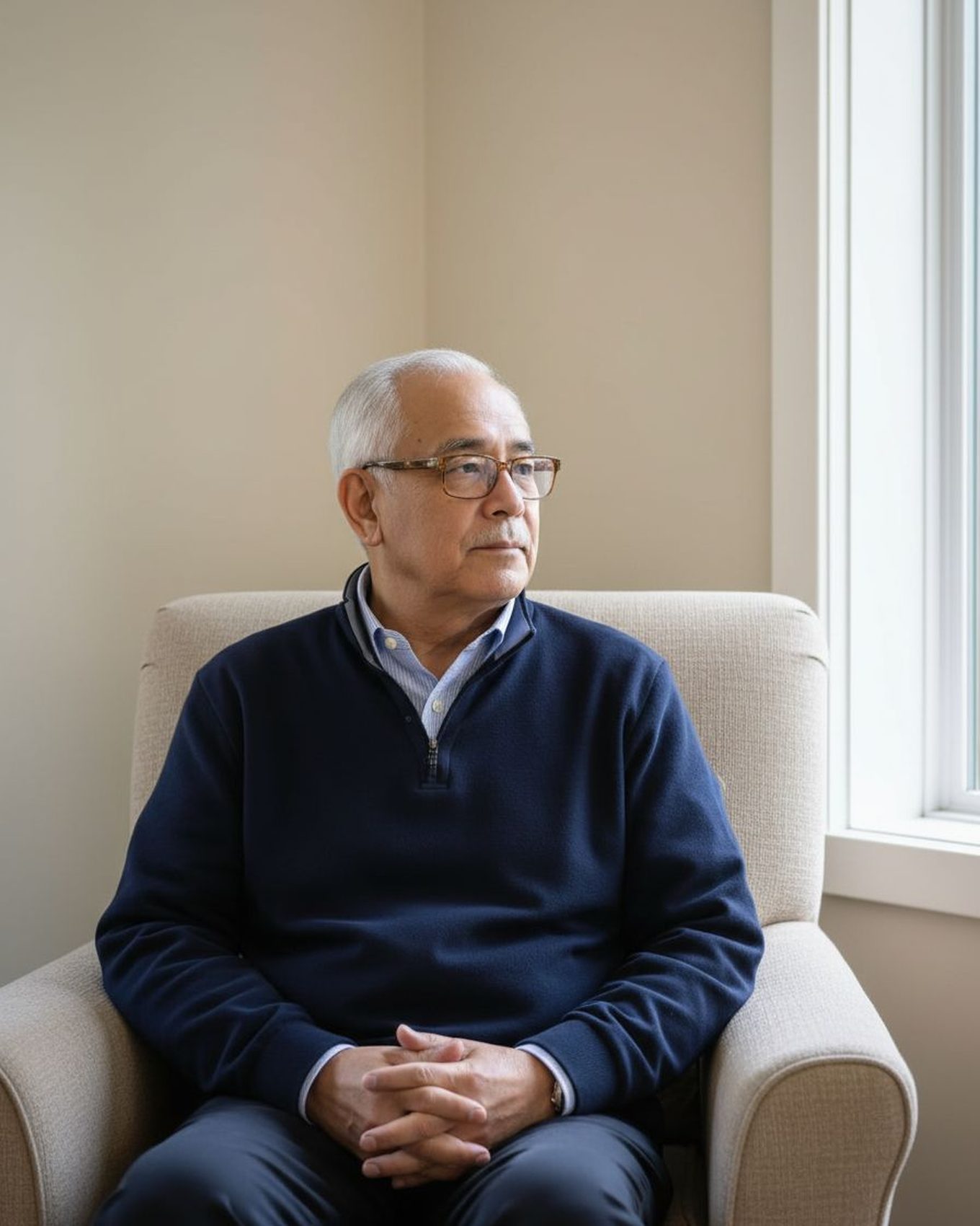An older father sitting alone in an armchair by a window.