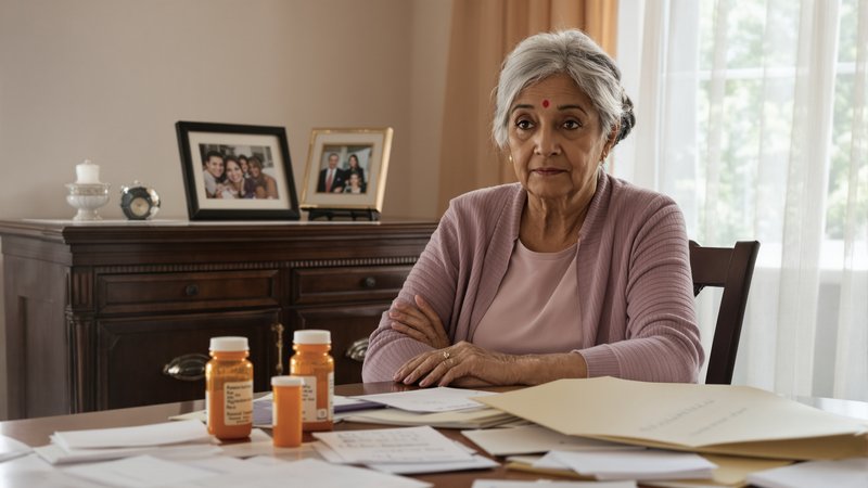 An older South Asian woman at her dining table with a stack of prescription bottles and appointment cards — quietly overwhelmed by managing her own care.