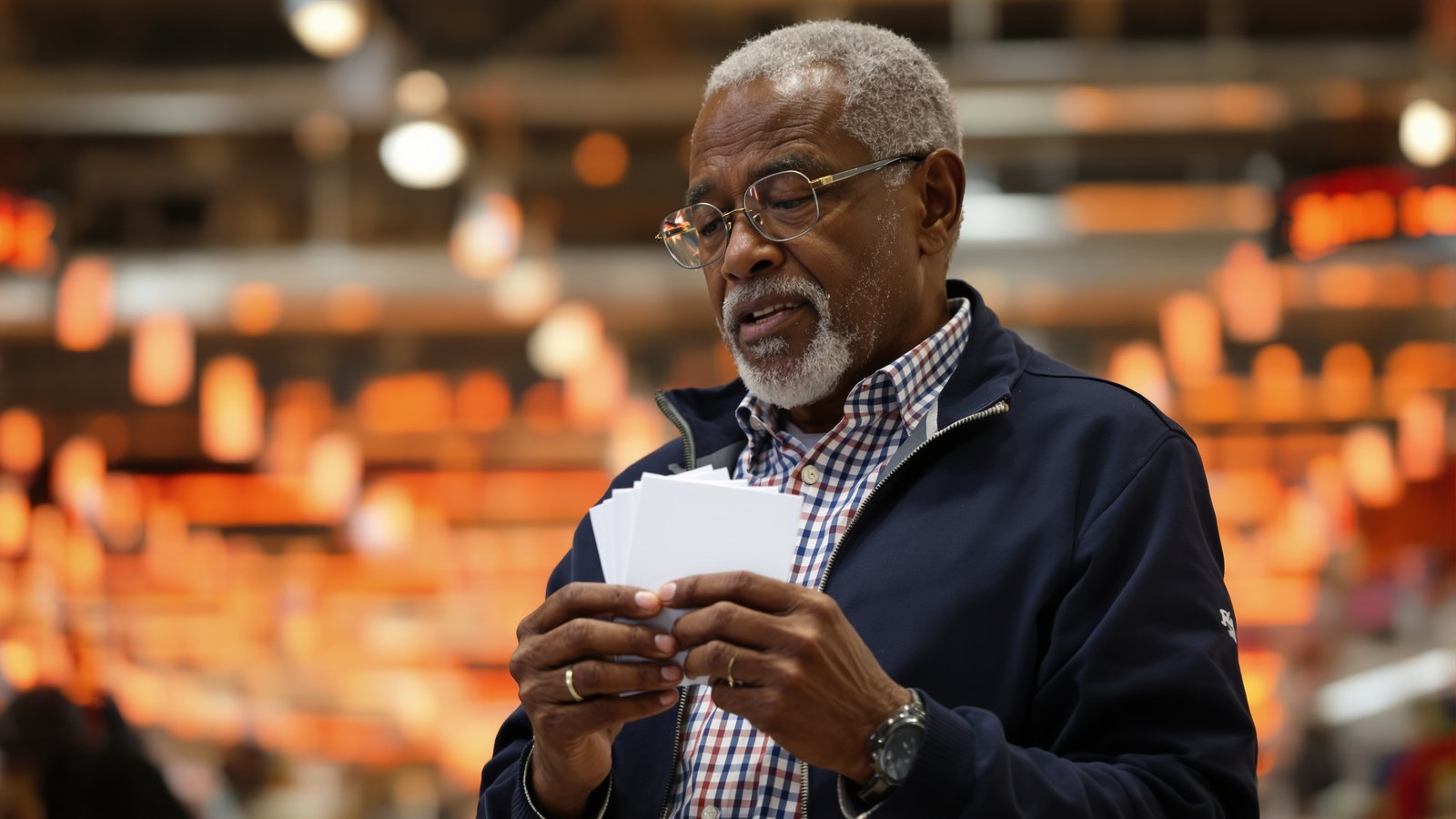 An older Black man at a drugstore gift-card aisle, holding a stack of blank white cards and looking down with a worried, defeated expression.