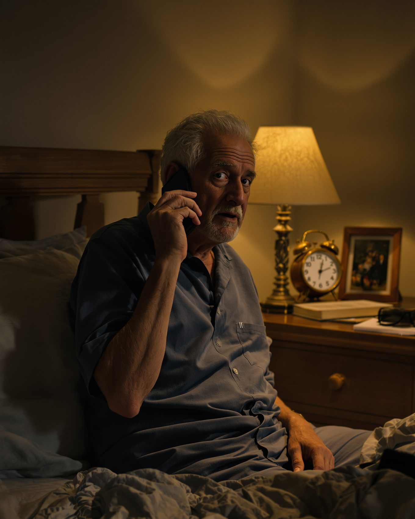 Older man holding phone after 2 a.m. grandparent scam AI voice call.