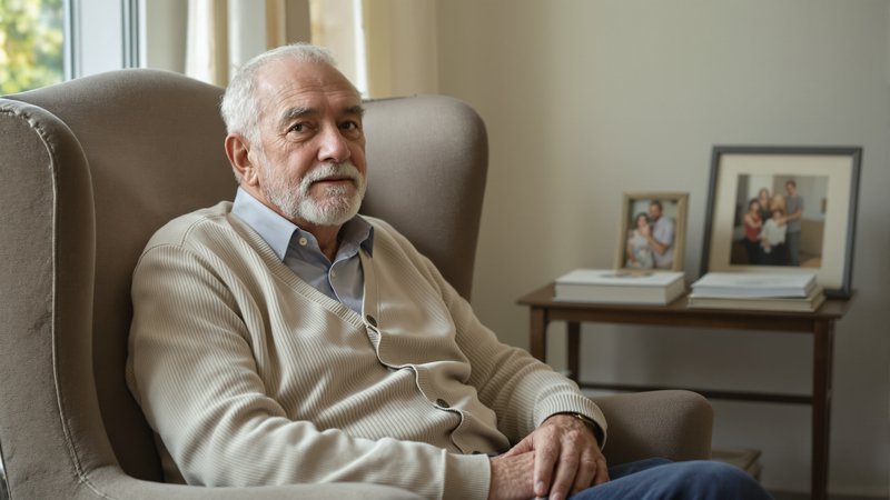 An older man with silver hair and a short beard sitting quietly in a wingback armchair near a window, family photographs on the side table behind him.