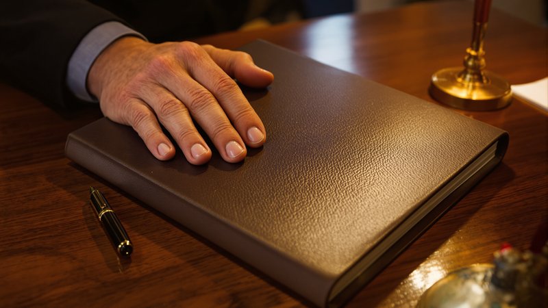 An older man's steady hand resting on a closed dark-brown leather portfolio on a polished walnut desk, with a black fountain pen beside it.