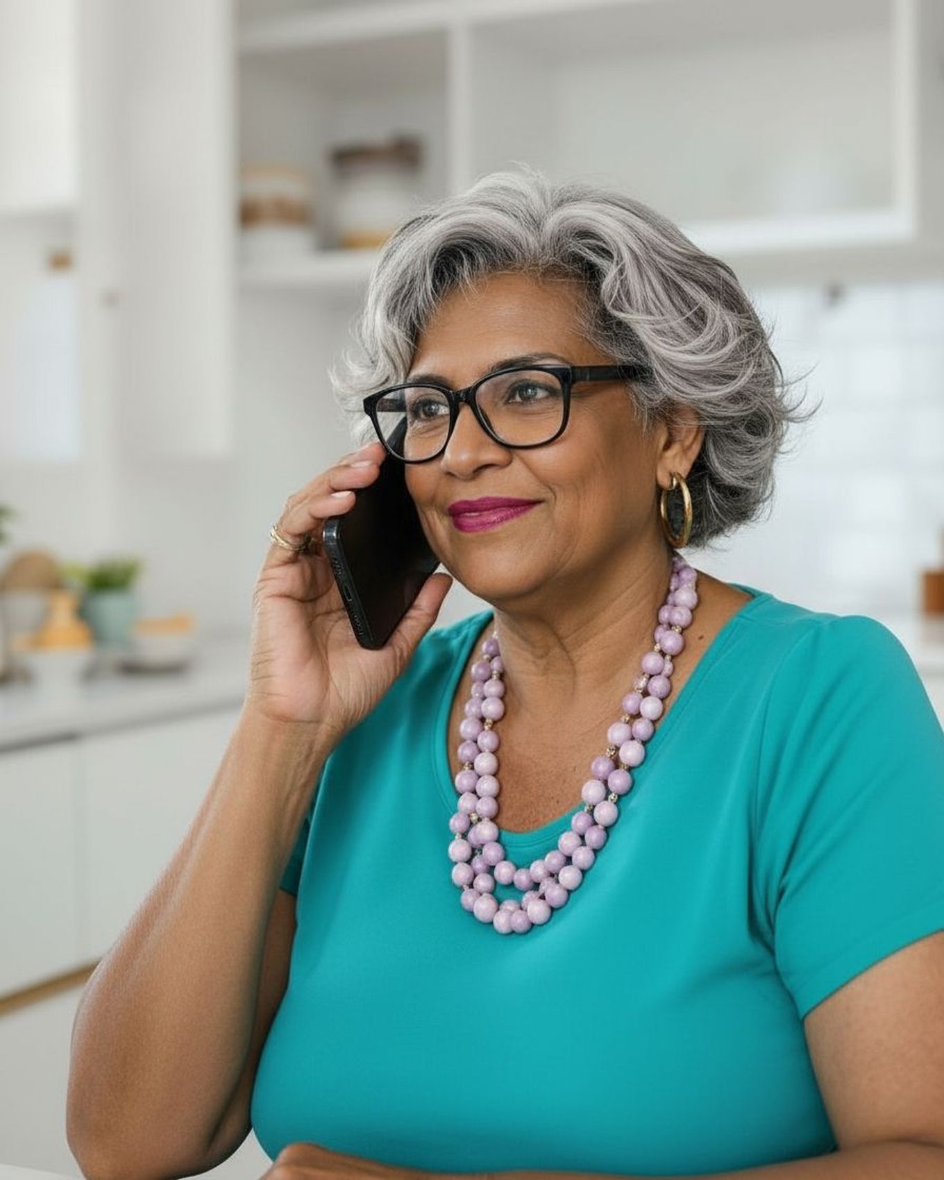 A senior woman smiling while holding an iPhone to her ear.