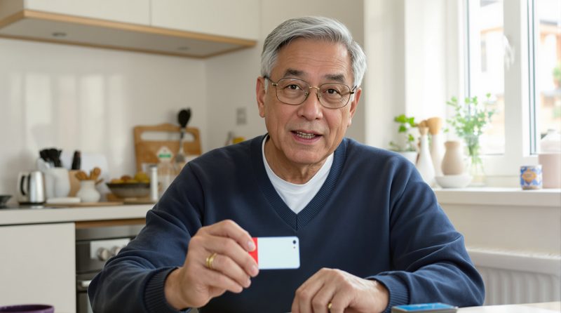An older East Asian American man at his kitchen table holding his Medicare card and looking suspiciously at his phone.