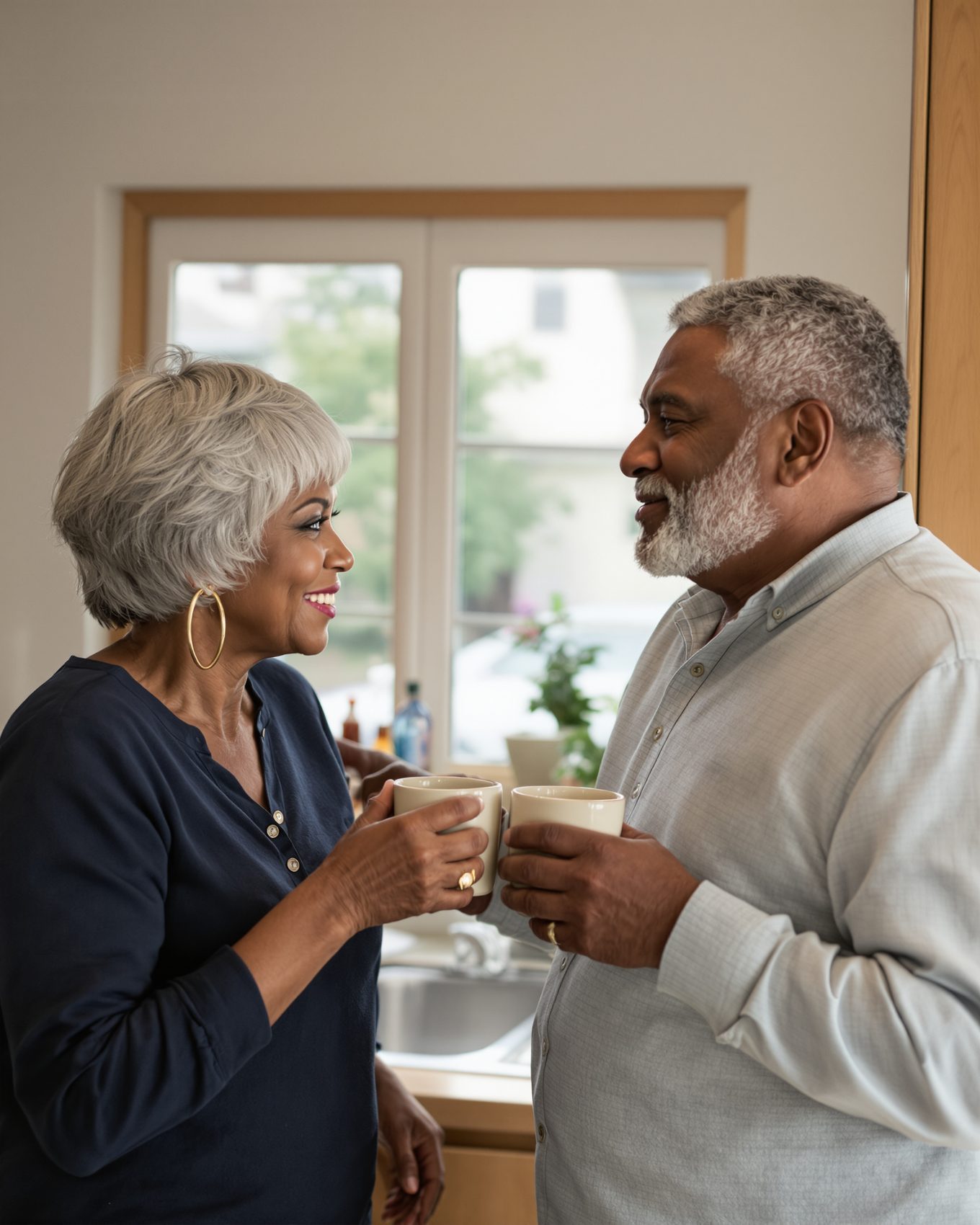 An older couple talking in their kitchen with morning coffee.