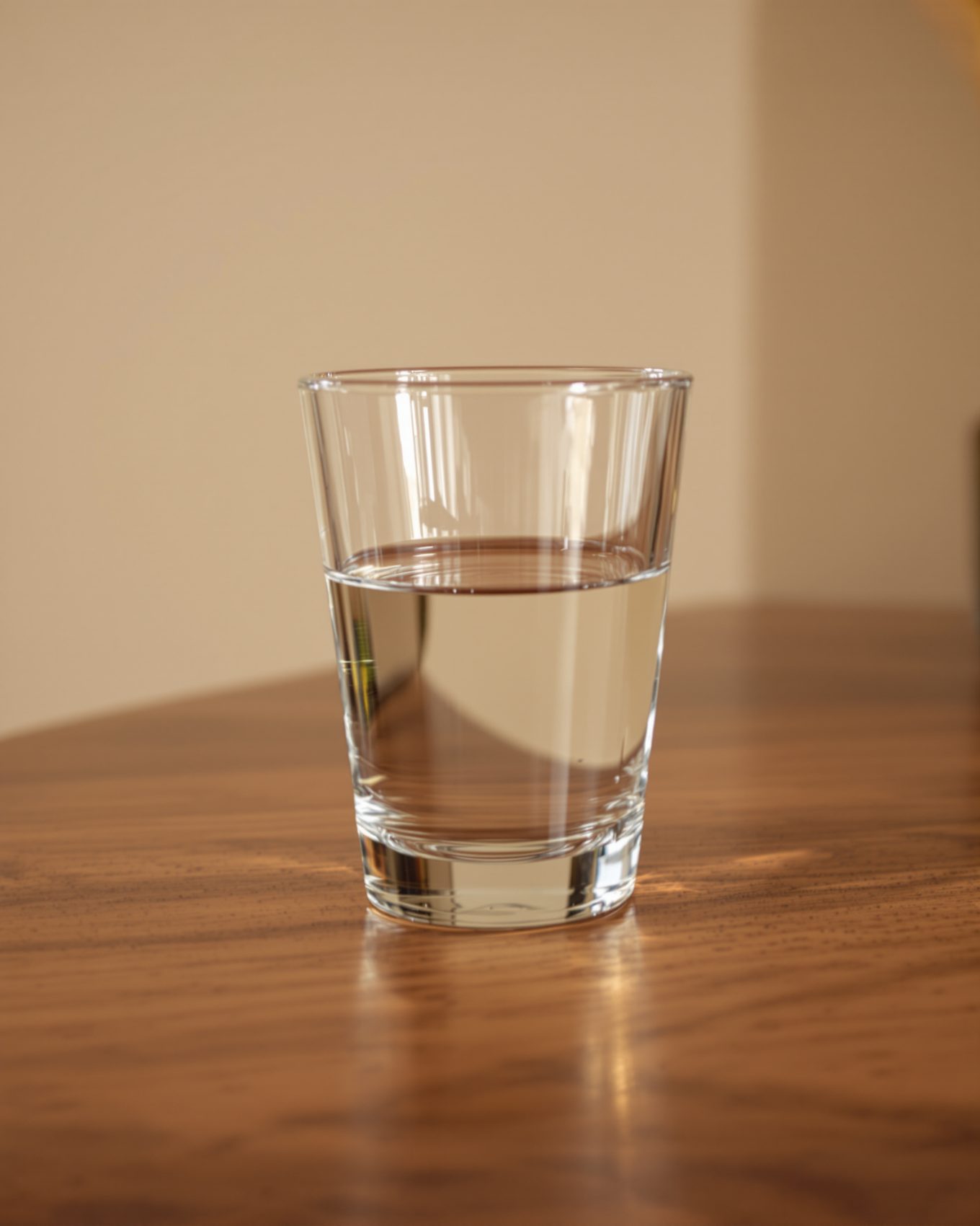 A clear glass of water on a wooden kitchen table.