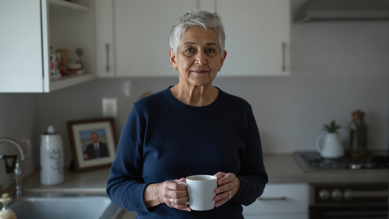 An older Filipina American woman alone in her kitchen on a quiet morning, holding a single coffee cup beside one place setting.