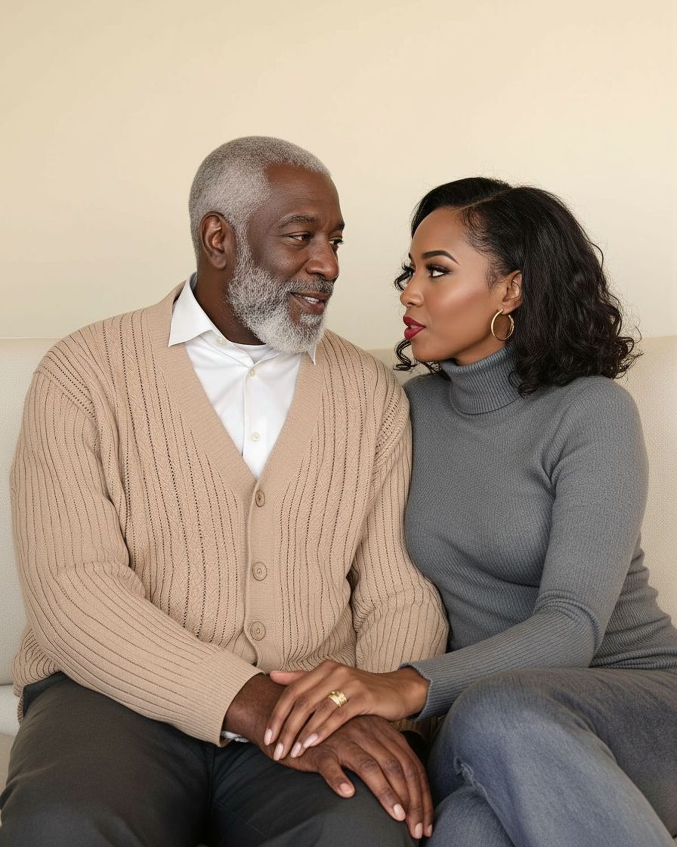 A father and adult daughter sitting on a couch, talking quietly.