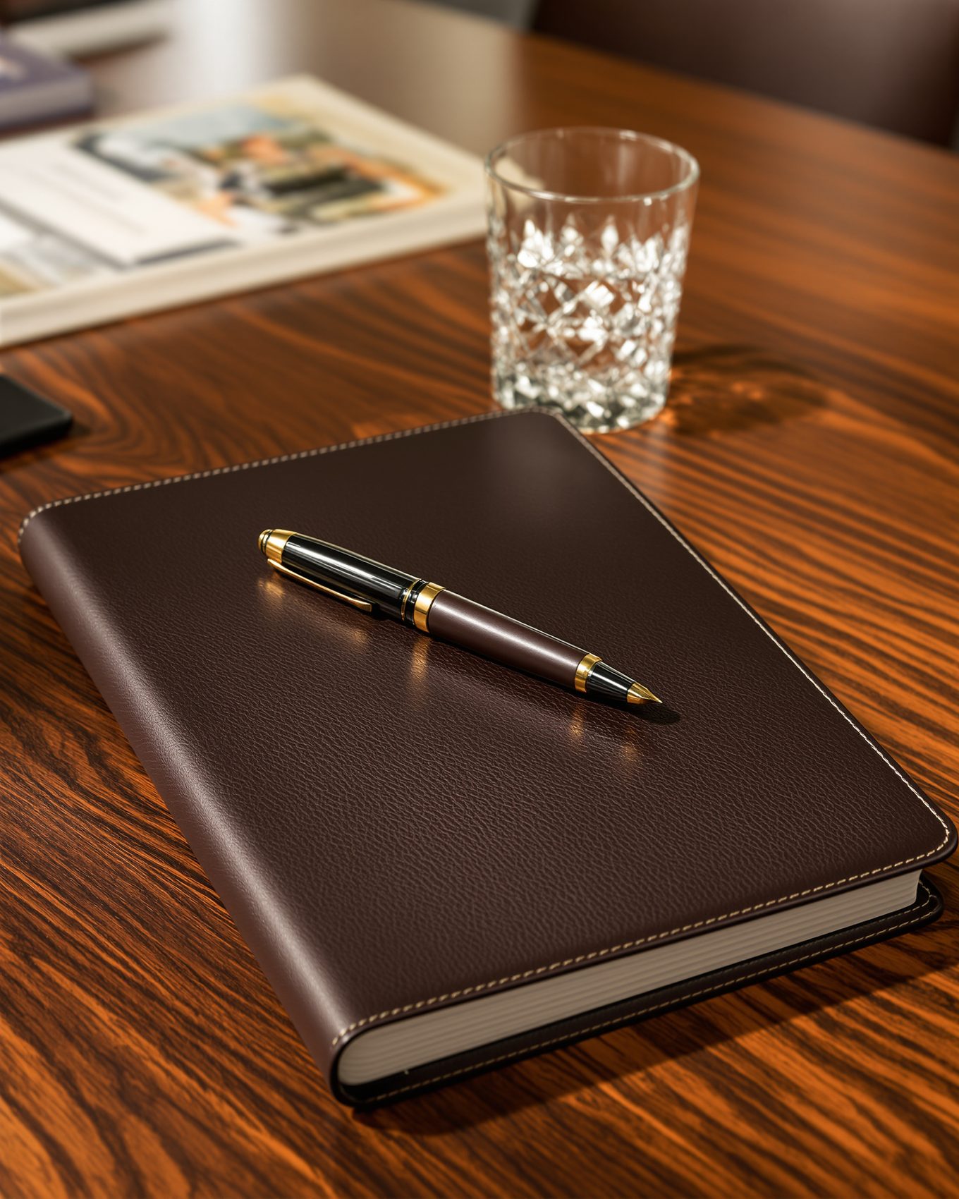 A closed leather portfolio with a fountain pen resting on top.