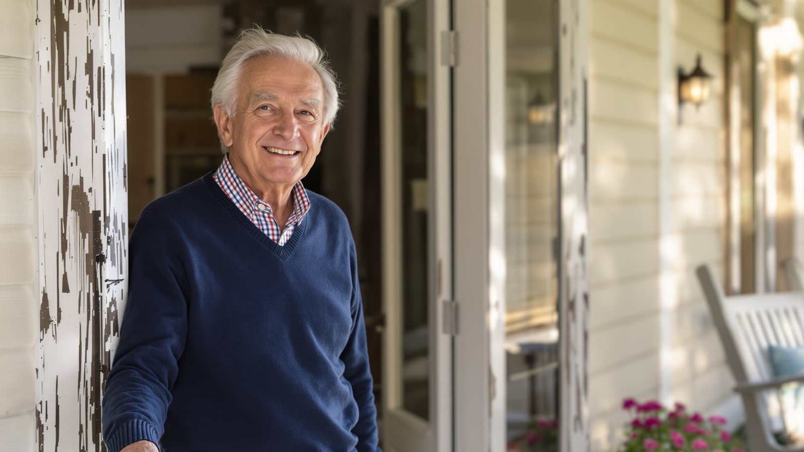 An older man on the front porch of his single-family home in soft afternoon light, with a gentle thoughtful smile.