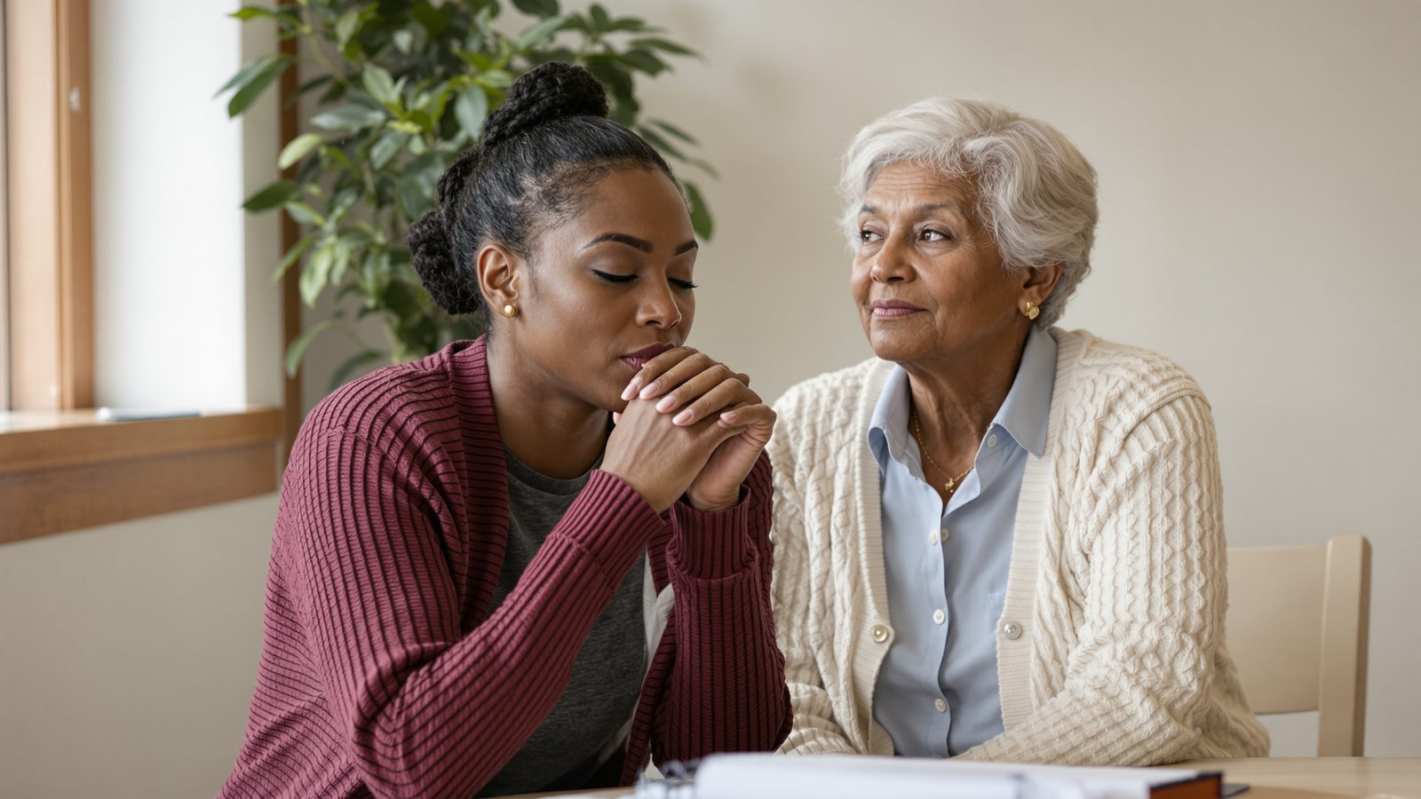 An adult daughter at her kitchen table with a notepad, working through a checklist about her parent's memory — dementia vs normal aging.
