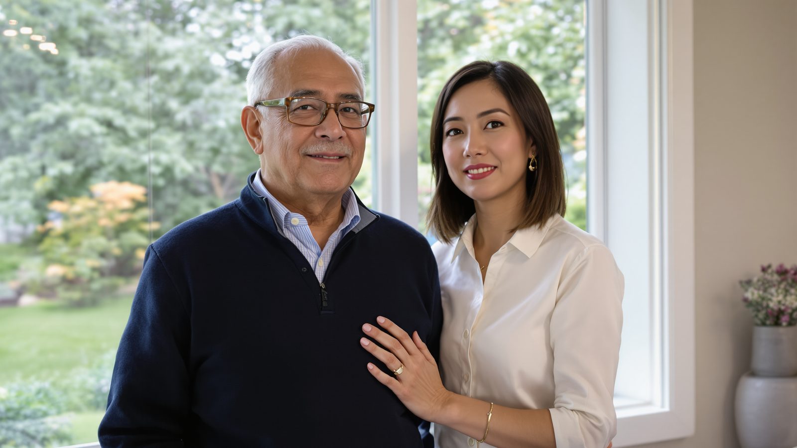 An adult daughter at a kitchen table with her elderly father going through bank statements — recognizing signs of financial exploitation.