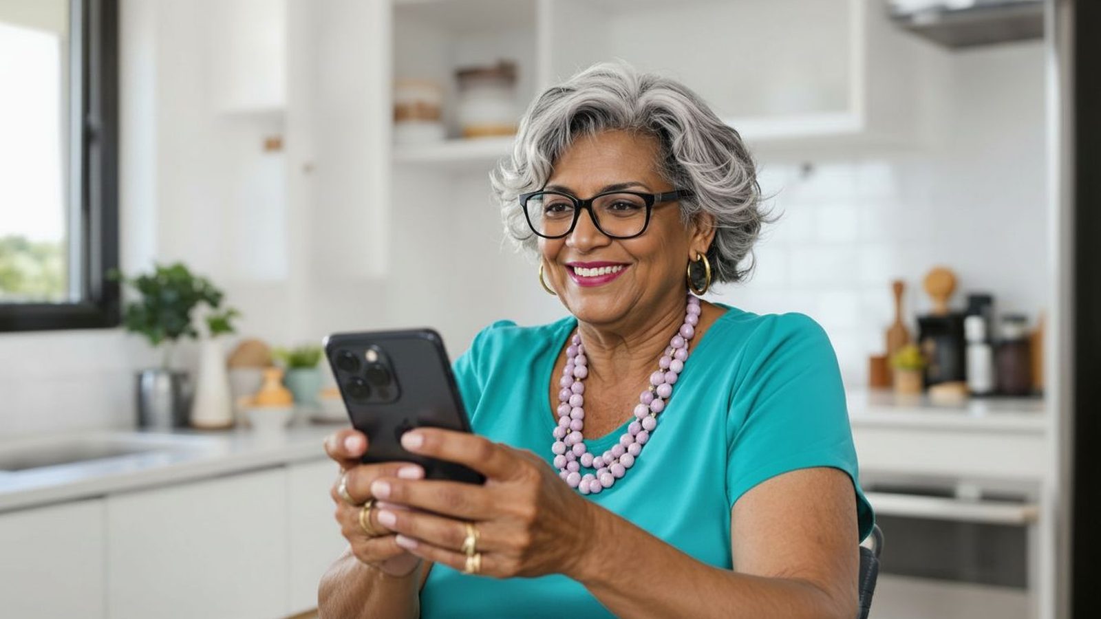 An older Latina woman holding an iPhone close, focused and content as she explores the Settings app.