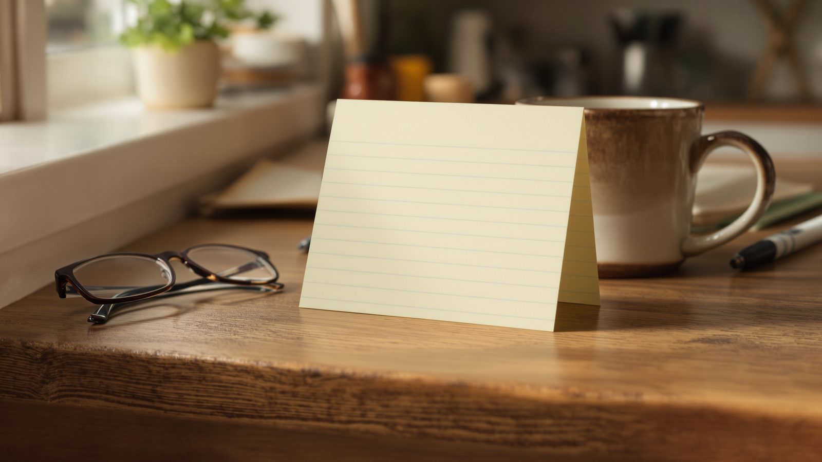 A laminated index card propped against a coffee mug on a kitchen counter — a medication list every adult child should keep for an aging parent.