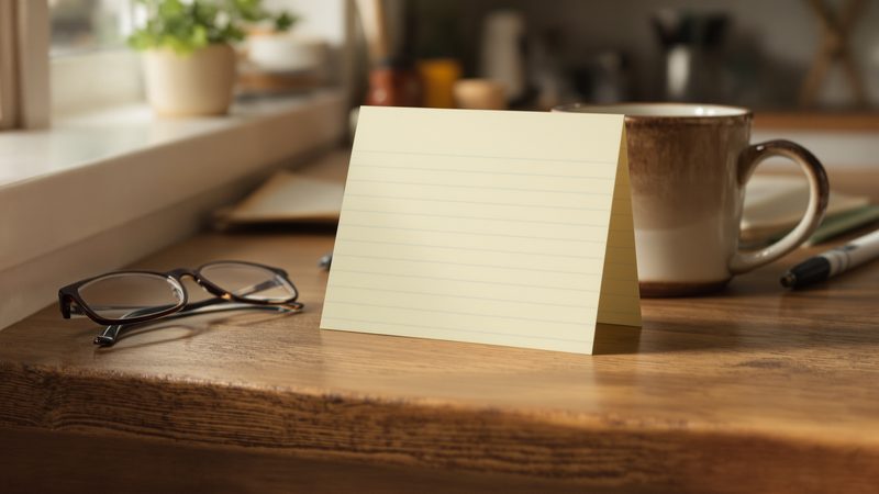 A laminated index card propped against a coffee mug on a kitchen counter — a medication list every adult child should keep for an aging parent.