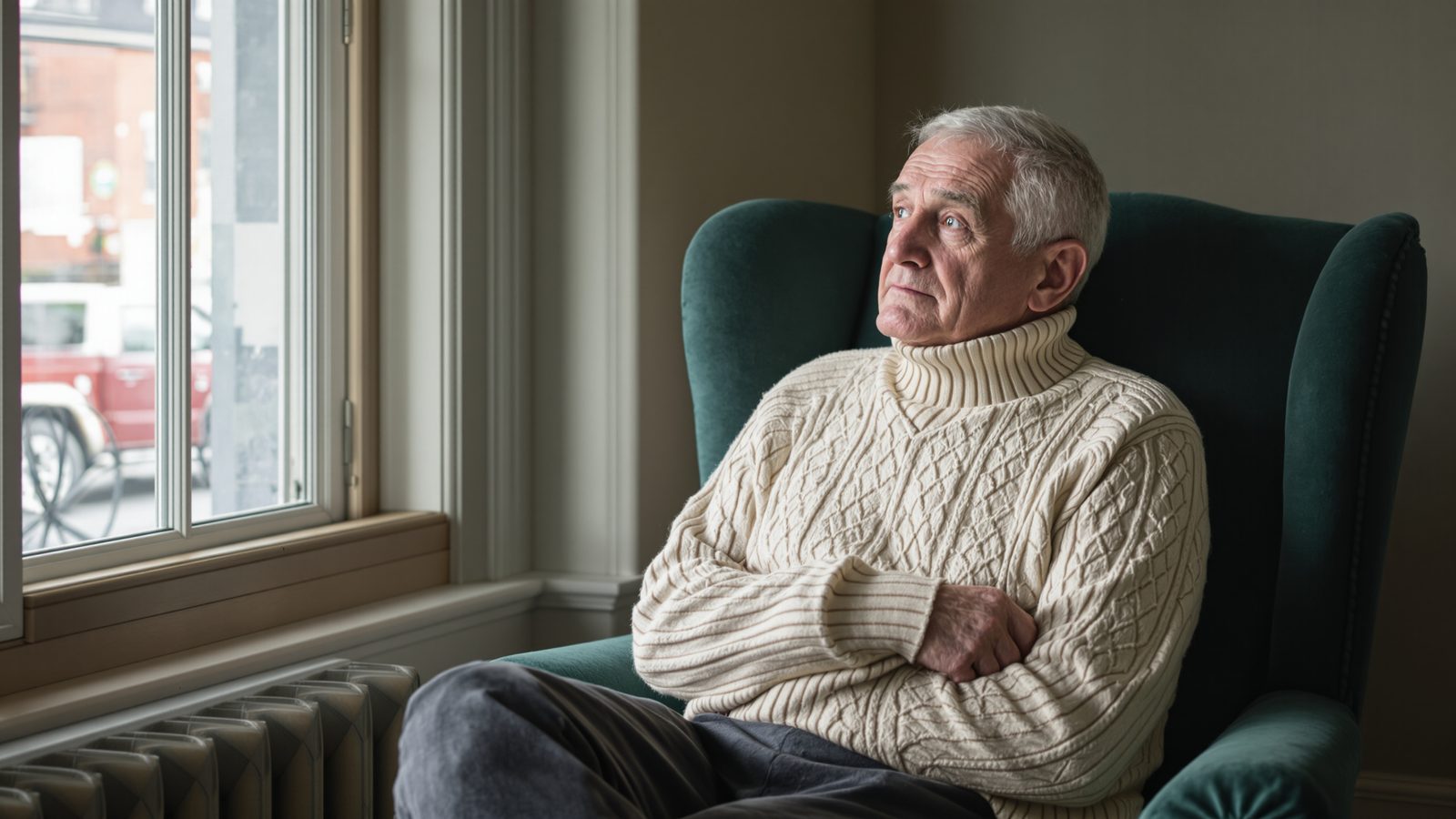 An older man sitting alone in an armchair with afternoon light streaming in — the moment a parent decides to accept help.