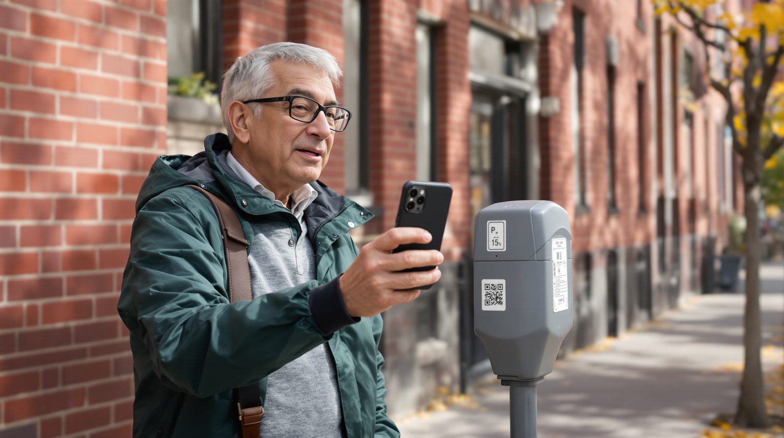 An older white man at a city parking meter, holding up his iPhone toward a QR code on the meter, looking uncertain.