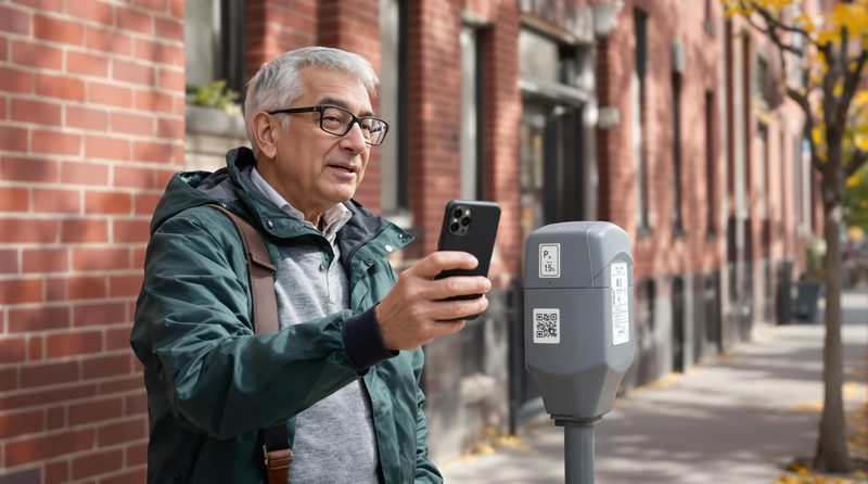 An older white man at a city parking meter, holding up his iPhone toward a QR code on the meter, looking uncertain.