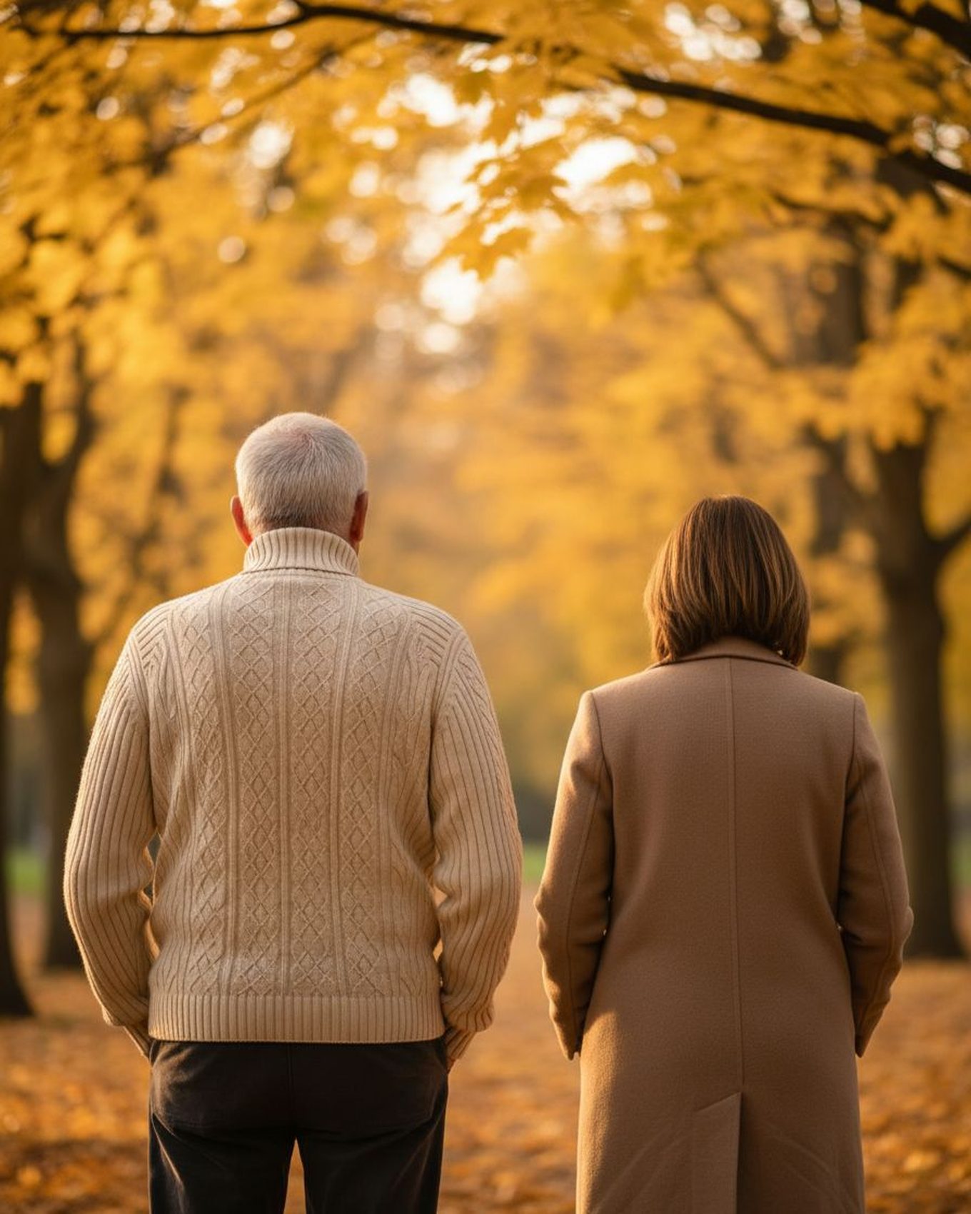 An older father and adult daughter walking from behind through autumn trees.