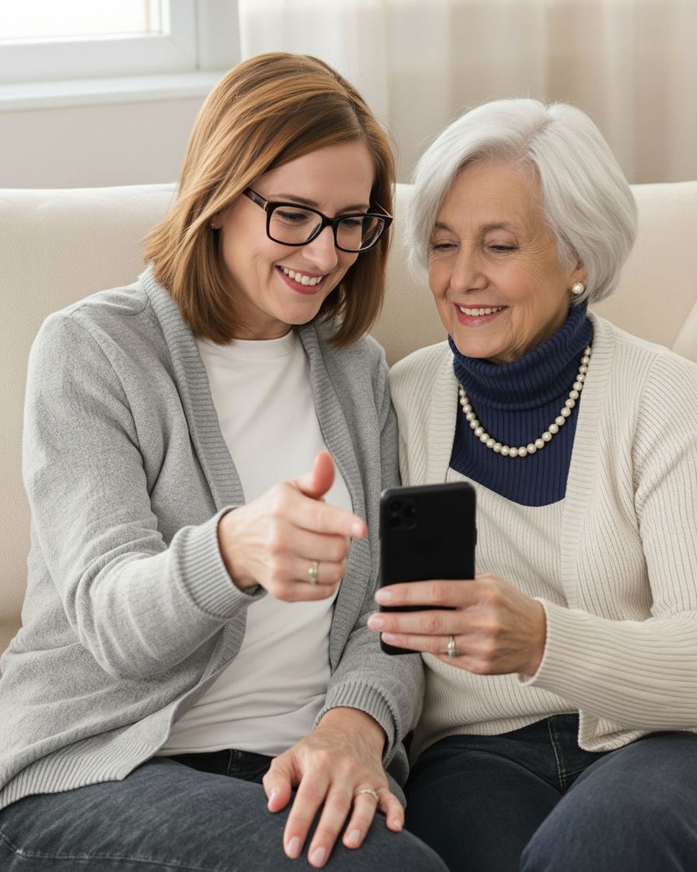 Daughter showing her senior mother a scam blocker app on her iPhone.