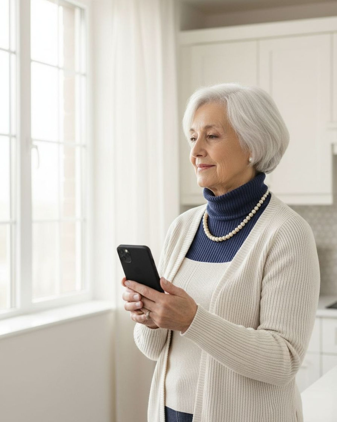 Senior woman holding her iPhone in her kitchen.