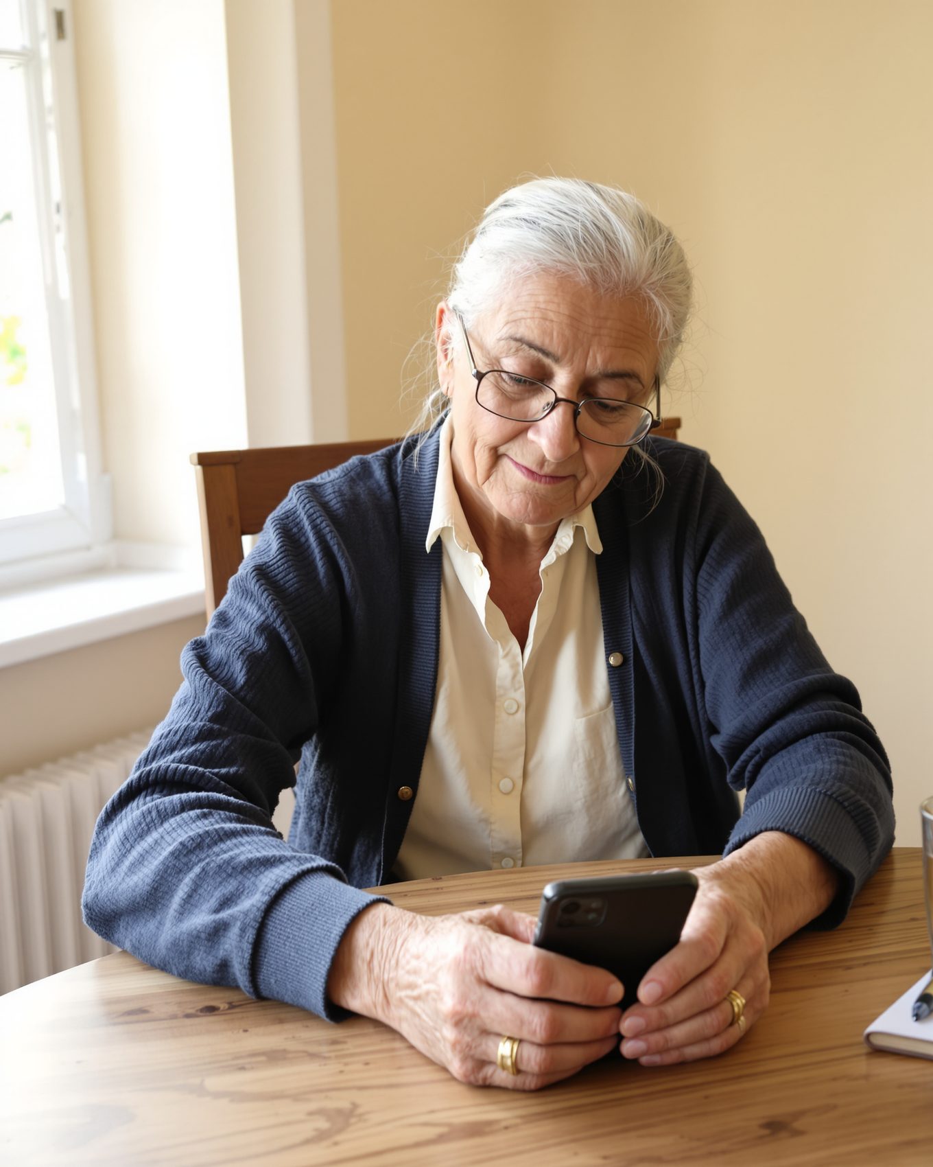 Senior woman calling Tiina on smartphone speaker after Medicare scam.
