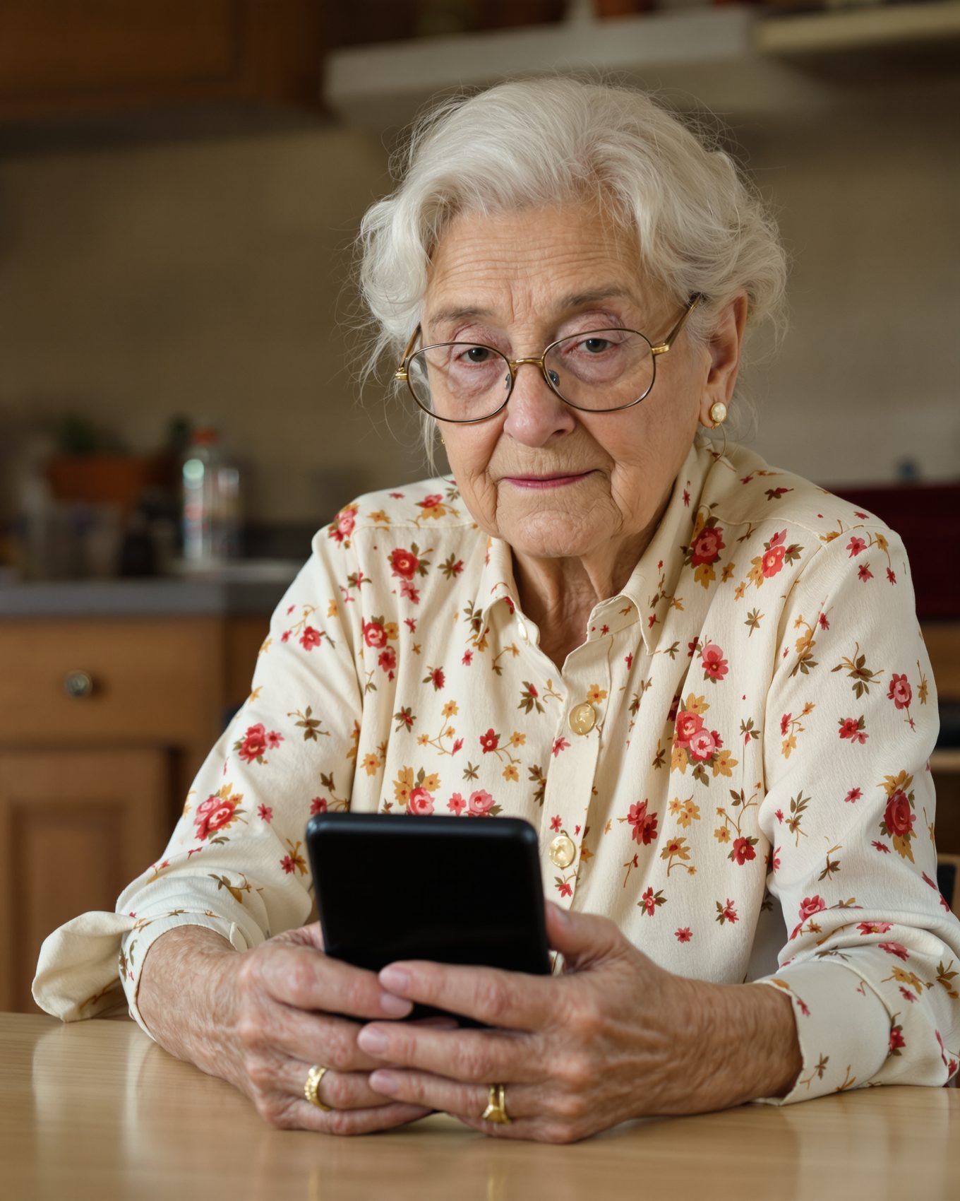 Over-the-shoulder view of a senior man holding his iPhone.
