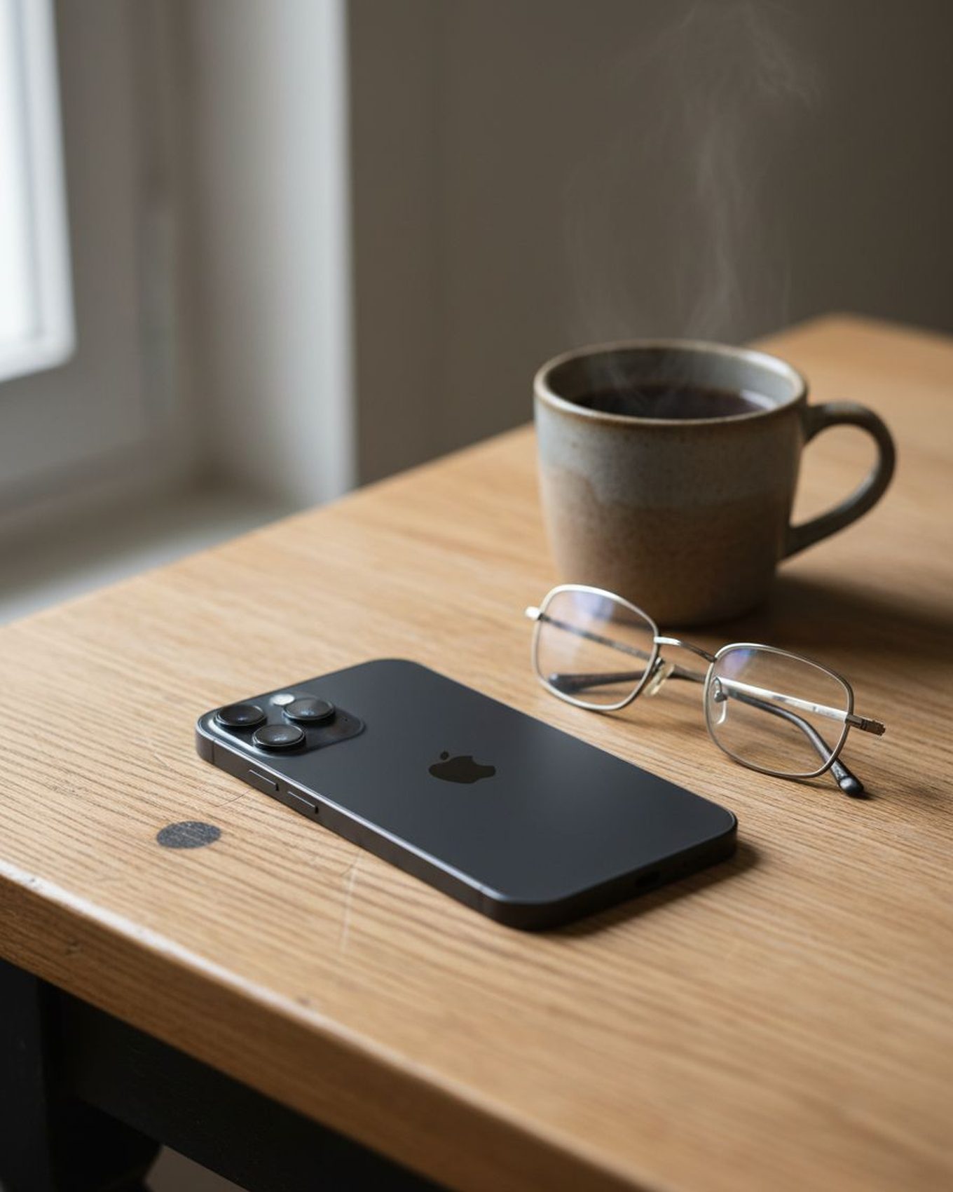 An iPhone resting on a table beside reading glasses and a mug.