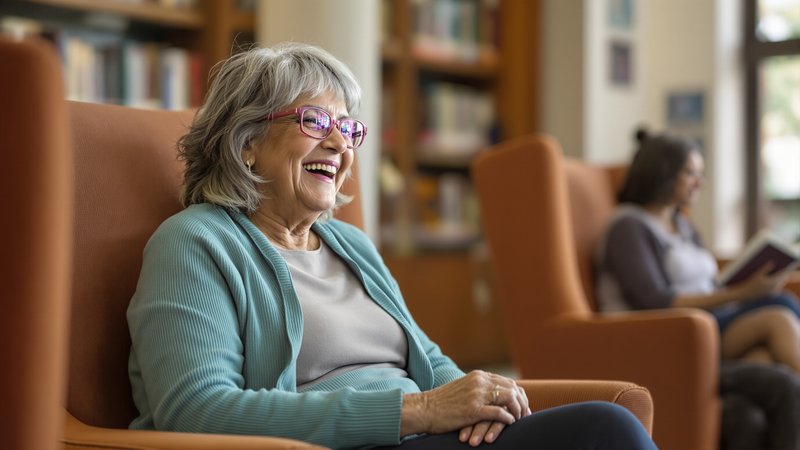An older white woman with silver hair laughing mid-conversation in a community library reading nook.