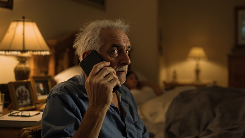 An older man at 2 AM holding his iPhone, lit by a single bedside lamp, his wife asleep behind him — the grandparent scam AI voice-clone call.
