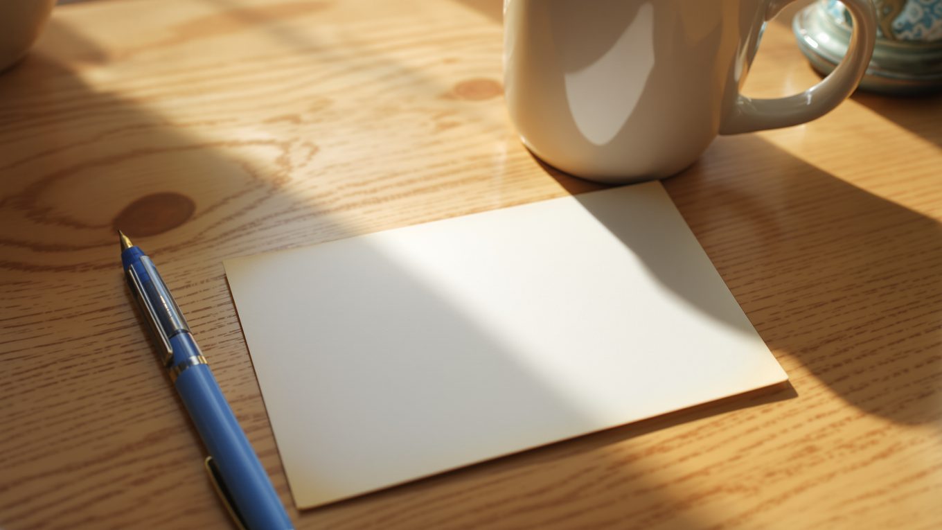 A blank index card and a blue pen on a kitchen table — ready for the family code word that defeats the AI voice grandparent scam.