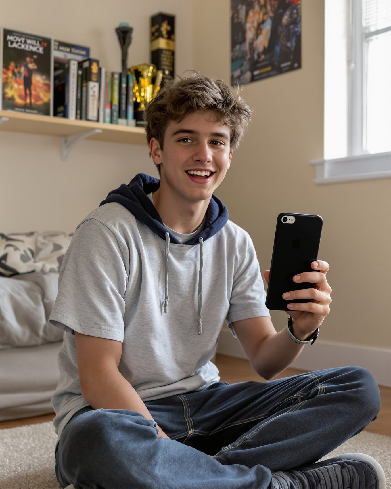 A teenager filming a TikTok in his bedroom — the kind of public audio scammers use to clone a voice for the grandparent scam.