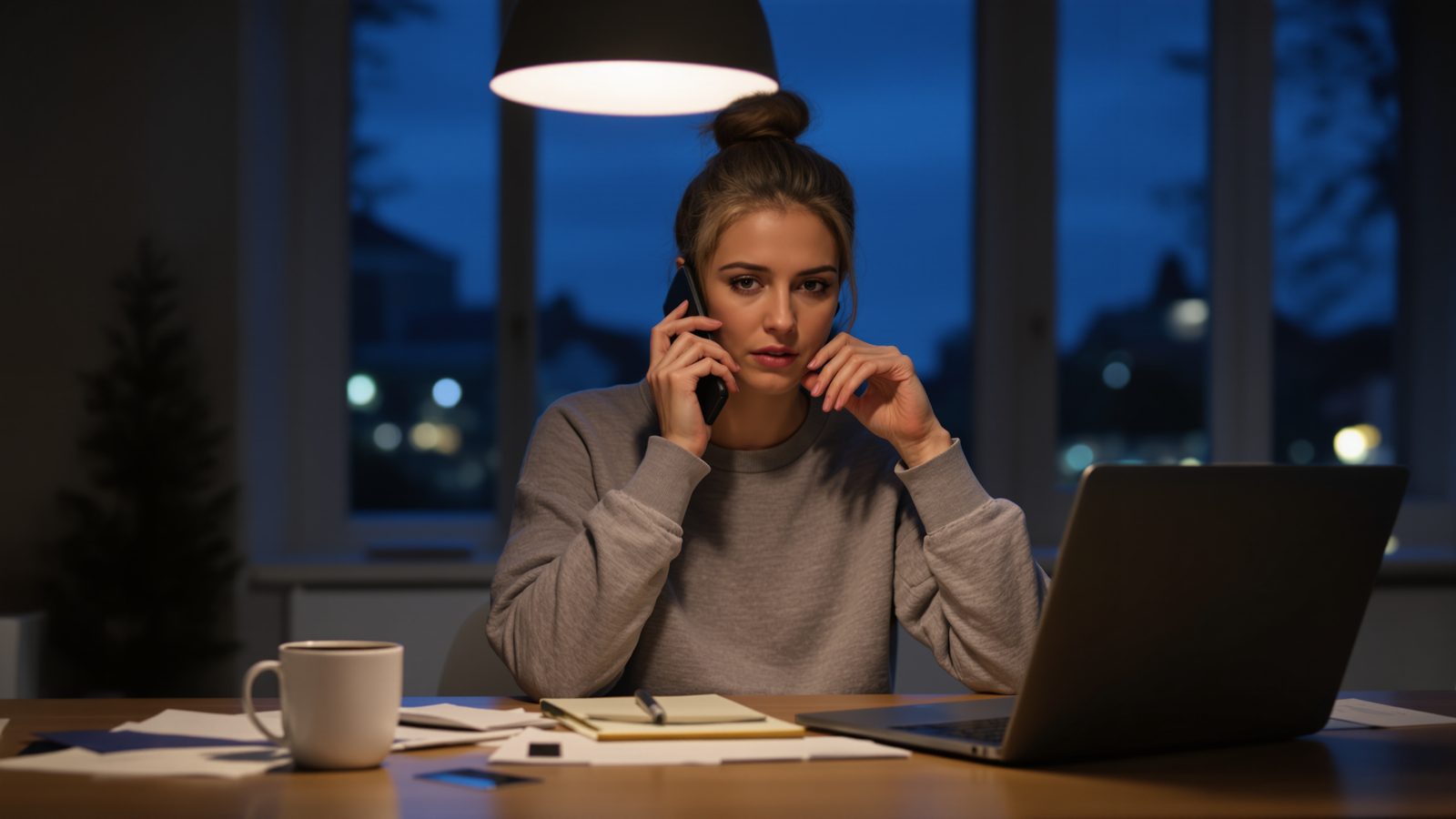 Adult daughter at her kitchen table at 9 PM, taking notes on a yellow legal pad while on the phone with her mother's bank — the first 60 minutes after a parent was scammed.