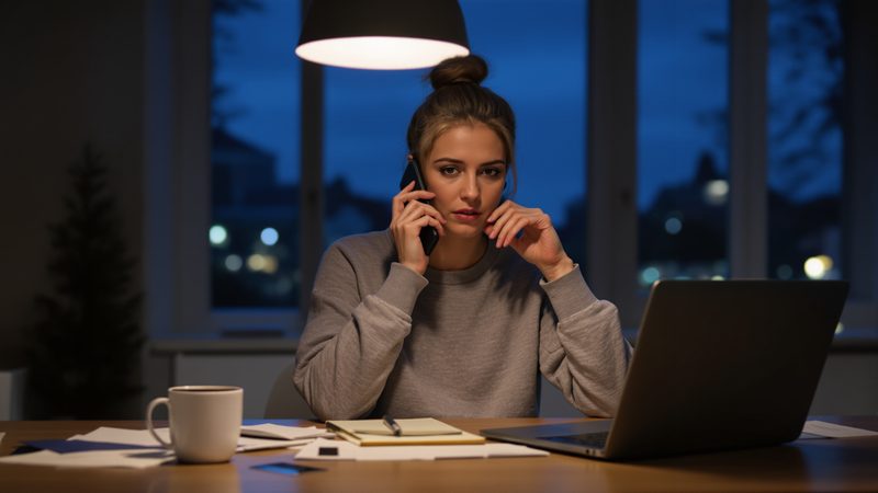 Adult daughter at her kitchen table at 9 PM, taking notes on a yellow legal pad while on the phone with her mother's bank — the first 60 minutes after a parent was scammed.
