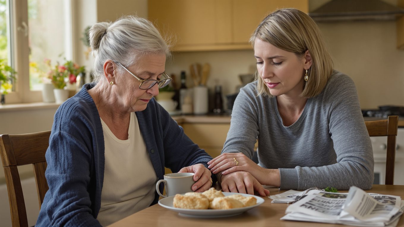 A mother and her adult daughter at the kitchen table after a scam call — the conversation that keeps her telling you next time, instead of hiding it.
