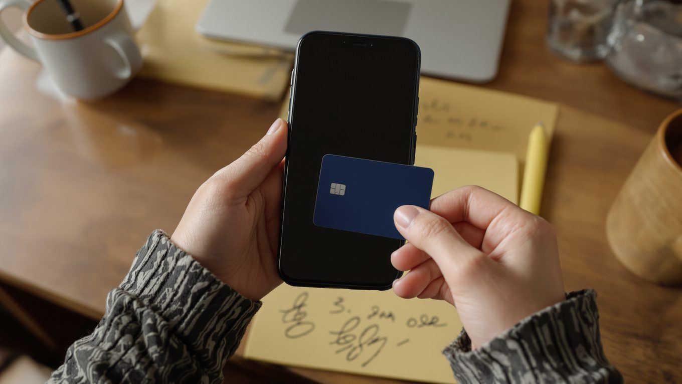 A daughter's hands holding a debit card and an iPhone over a yellow legal pad — calling the bank's fraud line in the first hour after a scam.