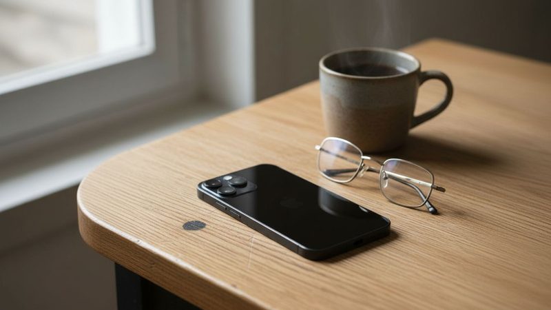 An iPhone face-up on a kitchen counter beside a beige landline phone — a comparison of scam blocker apps for seniors.