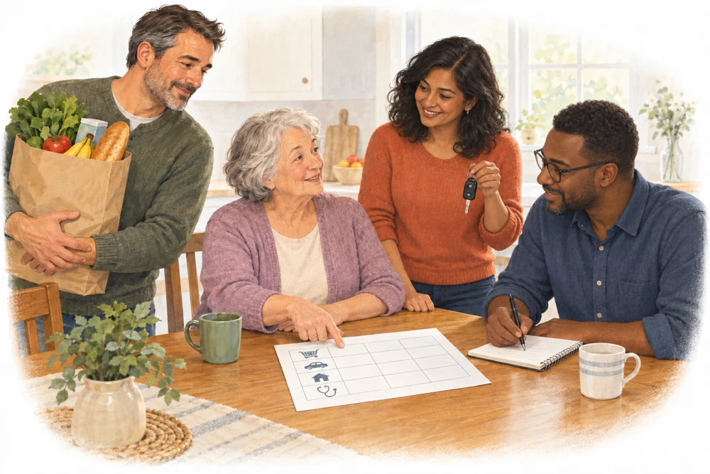 Illustration of an older woman and a diverse group of family and friends planning meals, rides, and help together